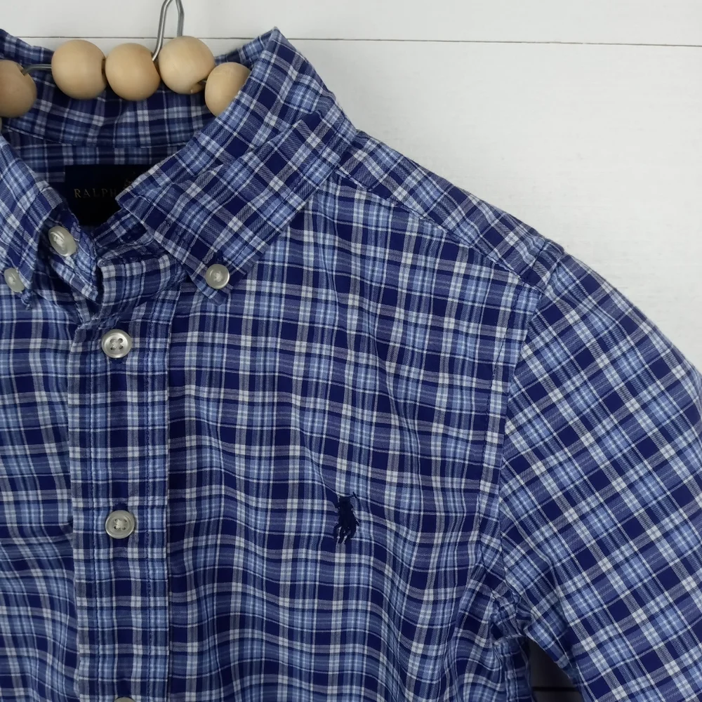 Ralph Lauren boys size 4 blue and white small plaid button up shirt collared